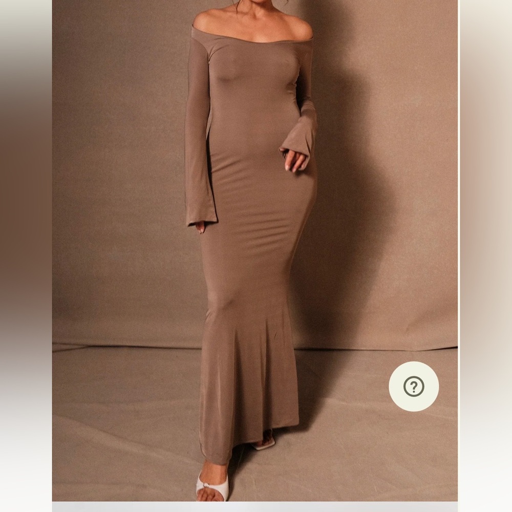 Meshki Taupe Off-Shoulder Long Sleeve Maxi Dress